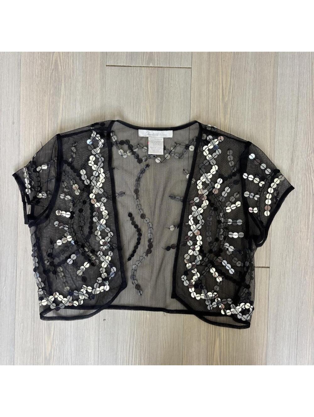 Vintage Charlotte Russe Black Mesh Sequin Shrug Crop Bolero Top Small Y2K